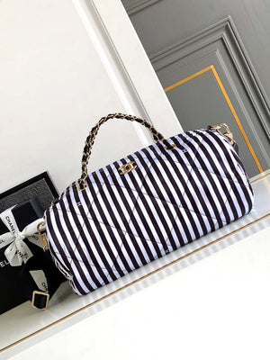 Chanel AS4696 Large Bowling Bag Printed Fabric & Gold-Tone Metal White & Black - Default Title - View 1