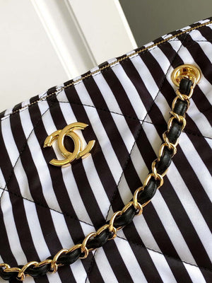 Chanel AS4696 Large Bowling Bag Printed Fabric & Gold-Tone Metal White & Black - Default Title - View 5