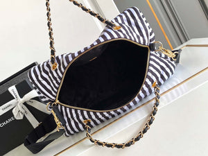 Chanel AS4696 Large Bowling Bag Printed Fabric & Gold-Tone Metal White & Black - Default Title - View 8