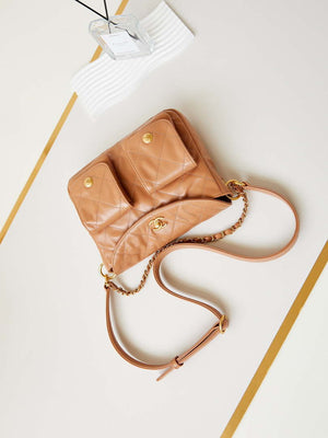 Chanel AS4743 Hobo Handbag Shiny Calfskin & Gold-Tone Metal Camel - Default Title - View 7