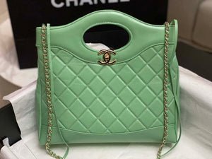 Chanel AS4853 Shopping Bag Shiny Lambskin & Gold-Tone Metal Green - Default Title - View 3