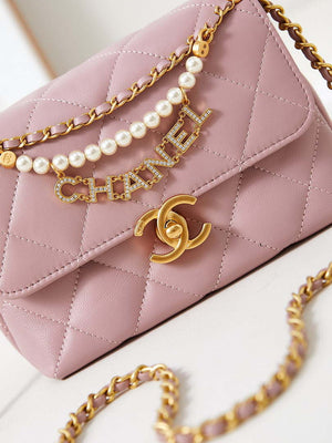 Chanel AS4986 Mini Flap bag Shiny Lambskin Imitation Pearls & Gold-Tone Metal Pink - Default Title - View 2