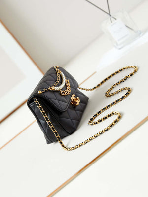 Chanel AS4986 Mini Flap bag Shiny Lambskin Imitation Pearls & Gold-Tone Metal Black - Default Title - View 3