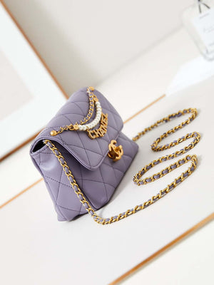 Chanel AS4986 Mini Flap bag Shiny Lambskin Imitation Pearls & Gold-Tone Metal Light Purple - Default Title - View 4
