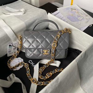 Chanel AS4992 Mini Flap Bag with Top Handle Shiny Lambskin & Gold-Tone Metal Gray - Default Title - View 1
