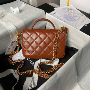 Chanel AS4992 Mini Flap Bag with Top Handle Shiny Lambskin & Gold-Tone Metal Brown - Default Title - View 2