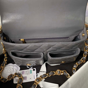 Chanel AS4993 Flap Bag with Top Handle Shiny Lambskin & Gold-Tone Metal Gray - Default Title - View 7