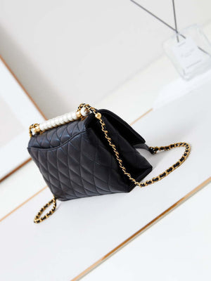 Chanel AS4997 Flap Bag with top Handle Shiny Lambskin Imitation Pearls & Gold-Tone Metal Black - Default Title - View 4