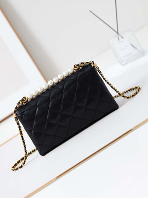 Chanel AS4997 Flap Bag with top Handle Shiny Lambskin Imitation Pearls & Gold-Tone Metal Black - Default Title - View 5
