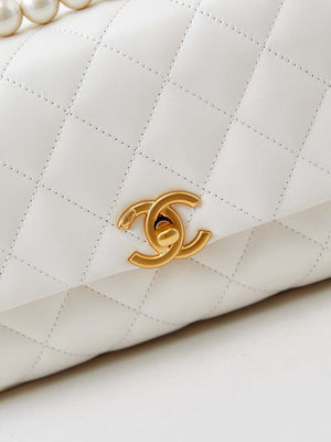 Chanel AS4997 Flap Bag with top Handle Shiny Lambskin Imitation Pearls & Gold-Tone Metal White - Default Title - View 2