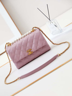 Chanel AS4997 Flap Bag with top Handle Shiny Lambskin Imitation Pearls & Gold-Tone Metal Pink - Default Title - View 1