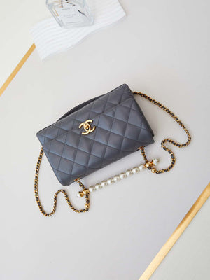 Chanel AS4997 Flap Bag with top Handle Shiny Lambskin Imitation Pearls & Gold-Tone Metal Gray - Default Title - View 7