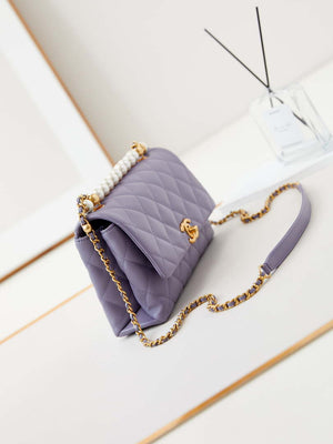 Chanel AS4997 Flap Bag with top Handle Shiny Lambskin Imitation Pearls & Gold-Tone Metal Purple - Default Title - View 3