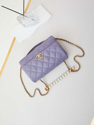 Chanel AS4997 Flap Bag with top Handle Shiny Lambskin Imitation Pearls & Gold-Tone Metal Purple - Default Title - View 7