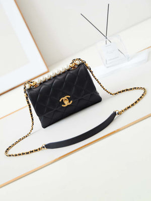 Chanel AS5001 Mini Flap Bag with top Handle Shiny Lambskin Imitation Pearls & Gold-Tone Metal Black - Default Title - View 1