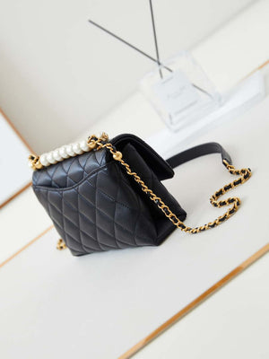 Chanel AS5001 Mini Flap Bag with top Handle Shiny Lambskin Imitation Pearls & Gold-Tone Metal Black - Default Title - View 4