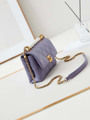 Chanel AS5001 Mini Flap Bag with top Handle Shiny Lambskin Imitation Pearls & Gold-Tone Metal Purple - Default Title - View 3