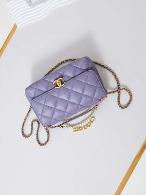 Chanel AS5011 Flap bag Shiny Lambskin Imitation Pearls & Gold-Tone Metal Light Purple - Default Title - View 7