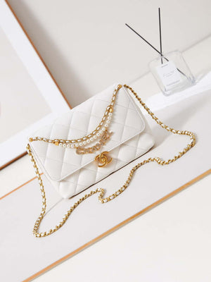 Chanel AS5011 Flap bag Shiny Lambskin Imitation Pearls & Gold-Tone Metal White - Default Title - View 1