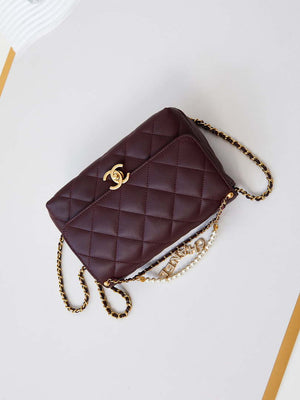 Chanel AS5011 Flap bag Shiny Lambskin Imitation Pearls & Gold-Tone Metal Wine Red - Default Title - View 7