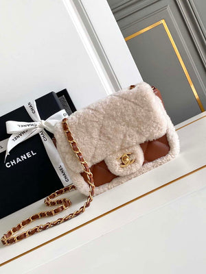 Chanel AS5148 Mini Flap Bag Shearling Lambskin & Gold-Tone Metal Beige & Brown - Default Title - View 1