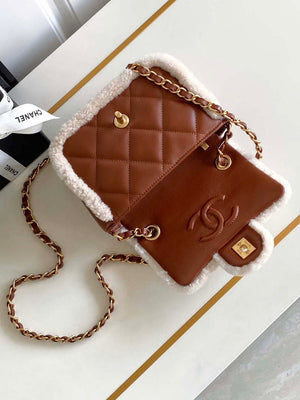 Chanel AS5148 Mini Flap Bag Shearling Lambskin & Gold-Tone Metal Beige & Brown - Default Title - View 6