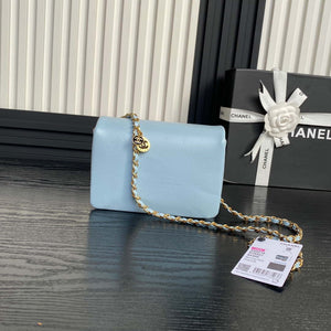 Chanel AS5218 Mini Flap Bag Grained Shiny Calfskin & Gold-Tone Metal Light Blue - Default Title - View 2