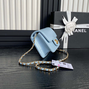 Chanel AS5218 Mini Flap Bag Grained Shiny Calfskin & Gold-Tone Metal Light Blue - Default Title - View 5