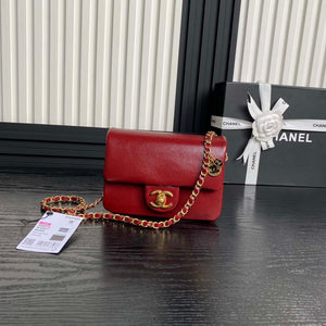 Chanel AS5218 Mini Flap Bag Grained Shiny Calfskin & Gold-Tone Metal Red - Default Title - View 1