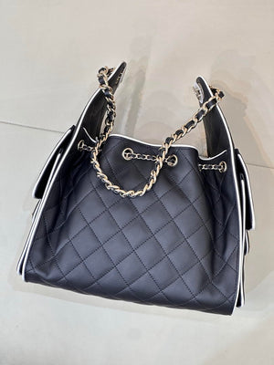 Chanel AS5293 Small Hobo Handbag Lambskin & Gold-Tone Metal Black &White - Default Title - View 5