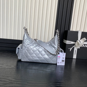 Chanel AS5339 Small Hobo Shiny Lambskin & Silver-Tone Metal Silver - Default Title - View 2