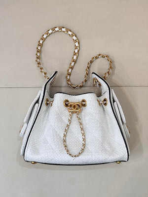 Chanel AS5631 Mini Hobo Handbags Braided Raffia Calfskin & Gold-Tone White - Default Title - View 1