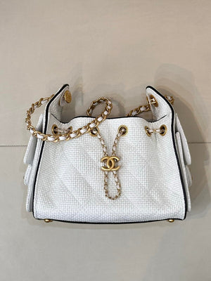 Chanel AS5631 Mini Hobo Handbags Braided Raffia Calfskin & Gold-Tone White - Default Title - View 3