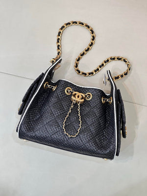 Chanel AS5631 Mini Hobo Handbags Braided Raffia Calfskin & Gold-Tone Black - Default Title - View 2