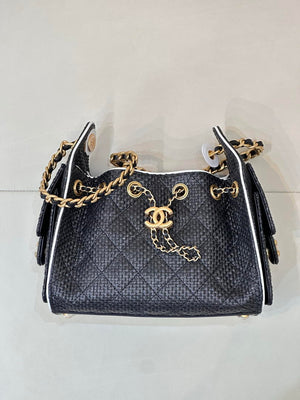 Chanel AS5631 Mini Hobo Handbags Braided Raffia Calfskin & Gold-Tone Black - Default Title - View 3