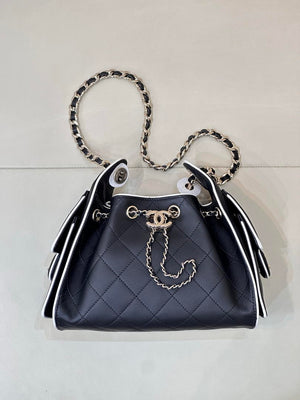 Chanel AS5631 Mini Hobo Handbags Lambskin & Gold-Tone Metal Black & White - Default Title - View 1
