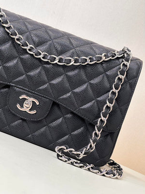 Chanel Large Flap Handbag Classic bag Grained shiny Calfskin Silver A58600 Black - Default Title - View 7