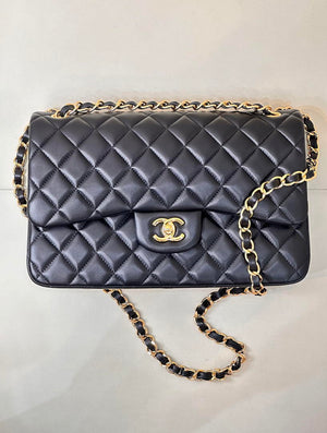 Chanel Large Flap Handbag Classic bag shiny Lambskin Gold A58600 Black - Default Title - View 1