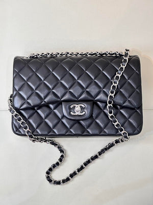 Chanel Large Flap Classic Handbag shiny Lambskin A58600 Black Silver - Default Title - View 1