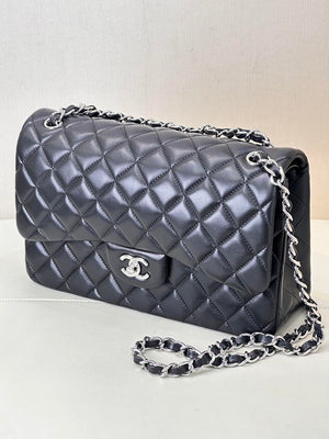Chanel Large Flap Classic Handbag shiny Lambskin A58600 Black Silver - Default Title - View 7