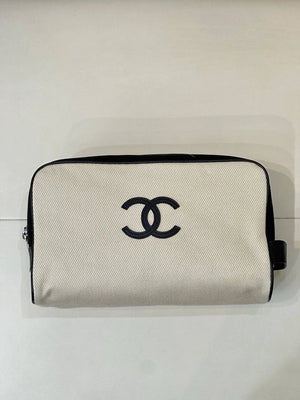 Chanel Large Zipped Pouch Canvas Calfskin & Silver-Tone Metal AP5267 White &Black - Default Title - View 1