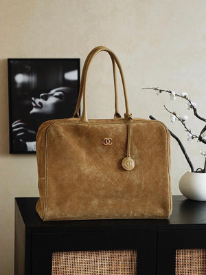 Chanel Maxi Bowling Bag Suede Calfskin & Gold-Tone Metal AS6212 Dark Brown - Default Title - View 1