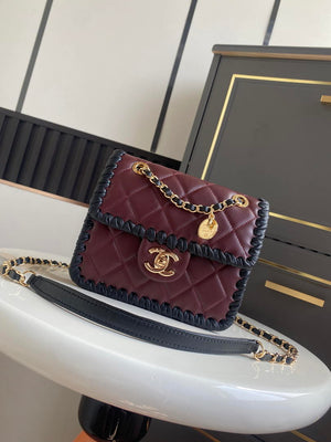 Chanel Mini Flap Bag Lambskin Braided Calfskin & Gold-Tone Metal AS2495 Wine red - Default Title - View 1