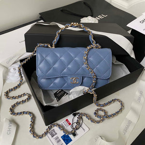 Chanel Phone Holder with Chain CC Lambskin & Gold-Tone Metal AP3226 Blue - Default Title - View 1