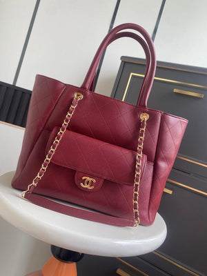 Chanel Shopping Bag Grained Calfskin & Gold-Tone Metal AS6024 Red - Default Title - View 1
