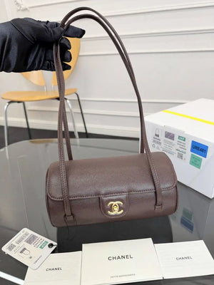Chanel Small Bowling Bag Grained Shiny Calfskin AS6143 Dark Brown - Default Title - View 1