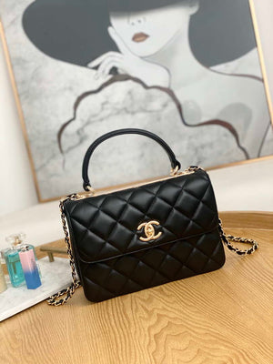 Chanel Small Trendy CC Flap Bag With Top Handle Lambskin bag A92236 Black Gold Round - Default Title - View 1
