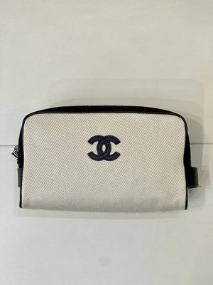 Chanel Small Zipped Pouch Canvas Calfskin & Silver-Tone Metal AP5226 White &Black - Default Title - View 1