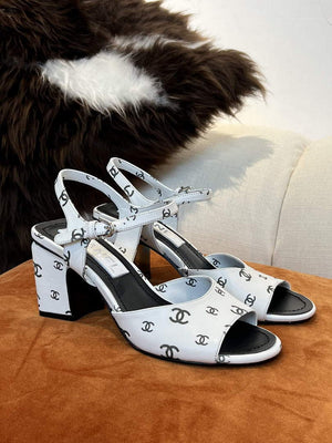 Chanel Women's Sandals G38969 Printed Lambskin White with Black C90242 - 35 / 35mm - View 1