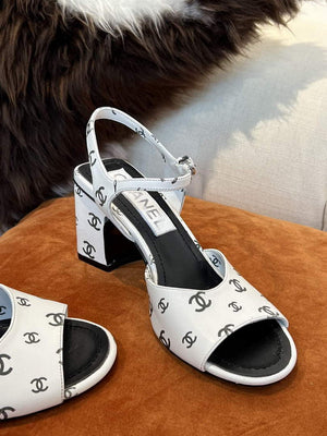 Chanel Women's Sandals G38969 Printed Lambskin White with Black C90242 - 35 / 35mm - View 4